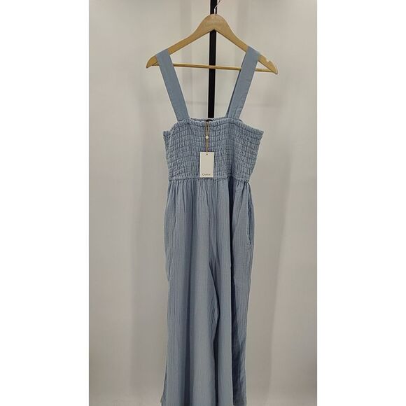 Quince Womens 100% Organic Cotton Gauze Smocked Wide Leg Jumpsuit Ocean Breeze L - Picture 2 of 3